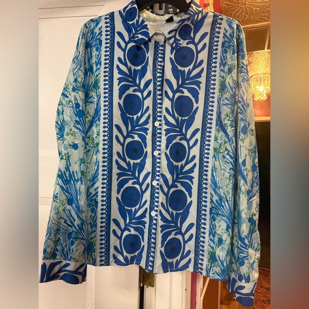 Blue and White Patterned Button-Up Shirt